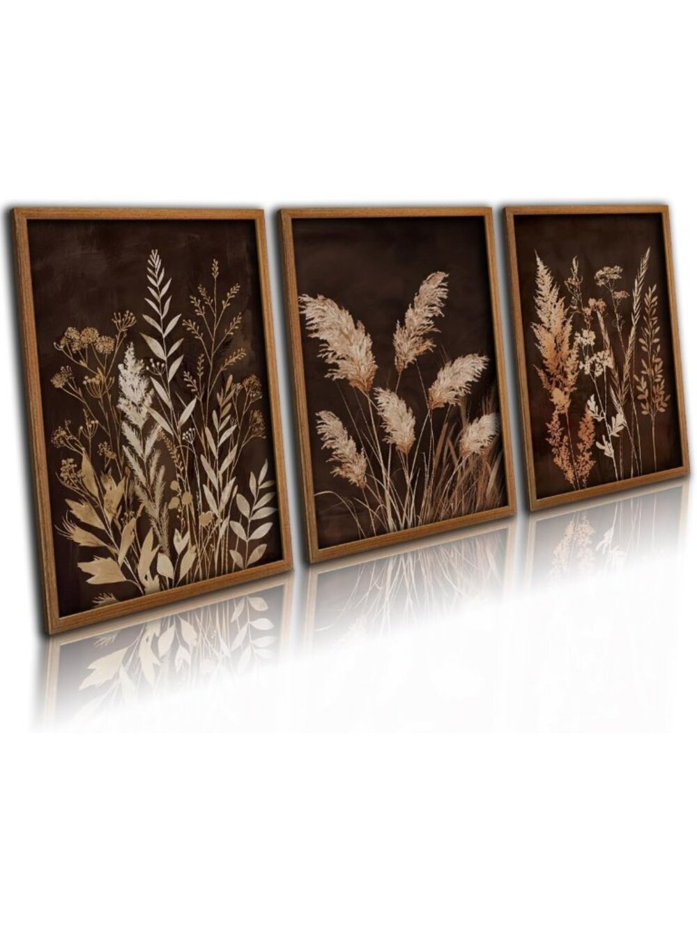 Boho Botanical Wall Art Set of 3 Framed Canvas Prints - Earth Tone Floral Decor